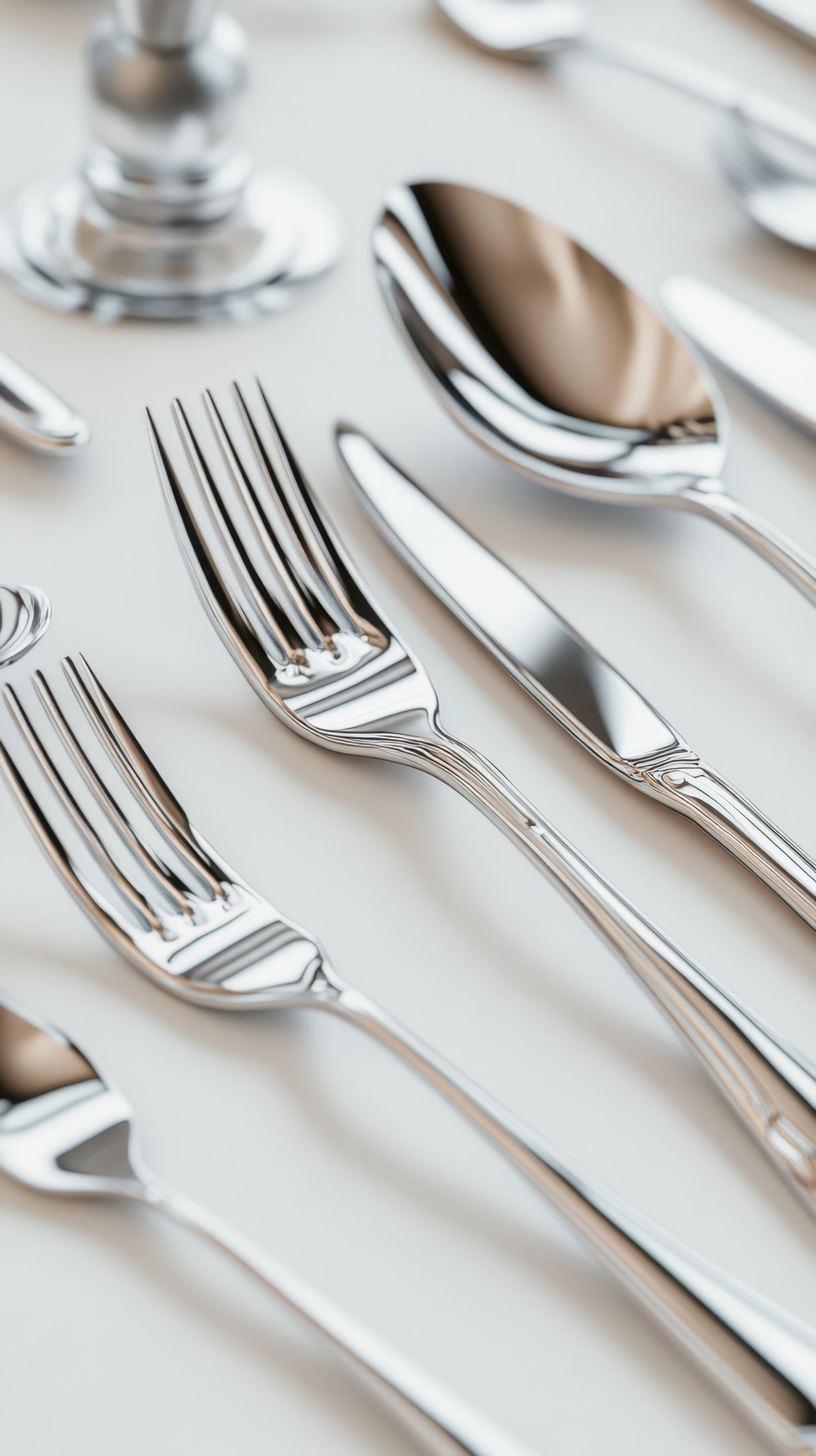 Elegant arrangement of polished silverware for a formal dining setting at an upscale restaurant during dinner service